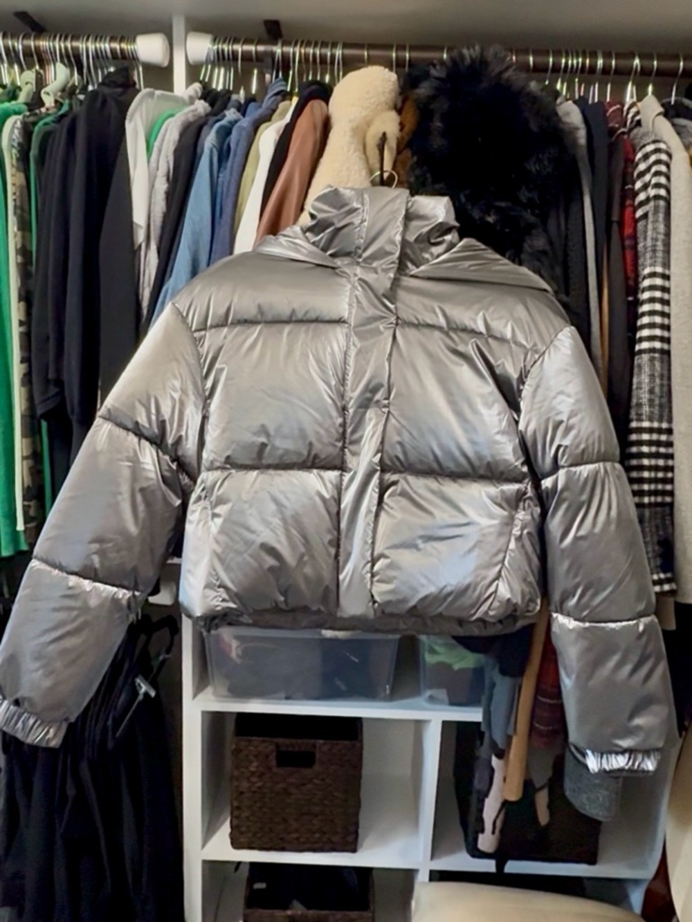 Metallic Silver Puffer Jacket - Women's Cropped Winter Coat